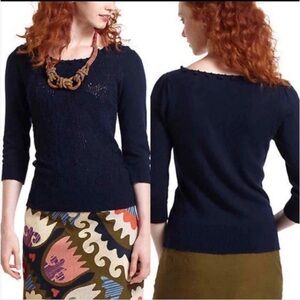 Anthropologie Knitted Knotted Blue Pointelle Floral Lace Embellished Sweater